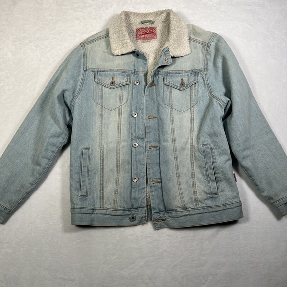 Brooklyn Cloth Light Blue Sherpa Lined Denim Button Up Jean Jacket Men's Size L - Picture 1 of 11